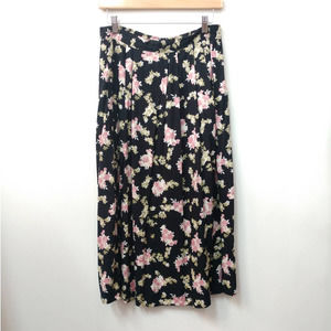 Vintage Floral Midi Skirt Black Pink Green Elastic Waist Pockets Size Medium